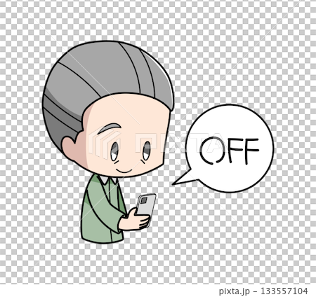 Illustration of an elderly man turning off his smartphone before going to bed 133557104