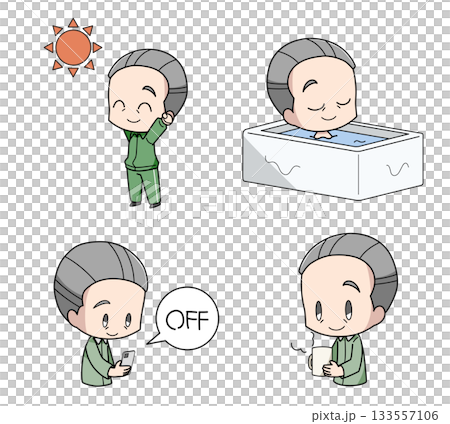 Set of 4 illustrations of how to sleep well - elderly man 133557106