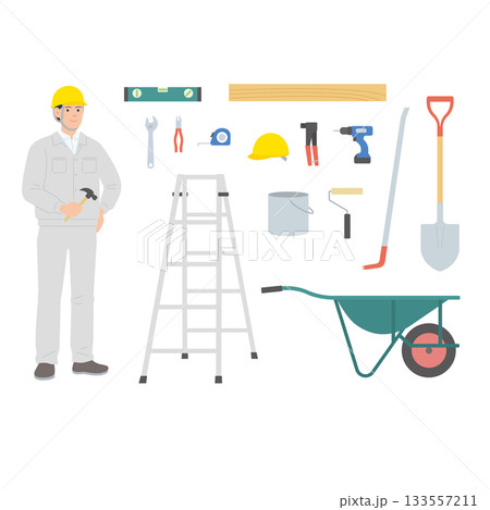 建設・大工・DIY用工具と作業員のセット 建設・大工・DIY用工具と作業員のセット 133557211