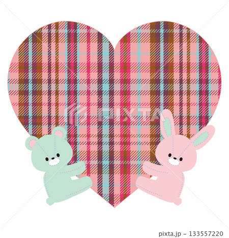 タータンチェックのハートを抱えるうさぎとくまのぬいぐるみのイラスト タータンチェックのハートを抱えるうさぎとくまのぬいぐるみのイラスト 133557220