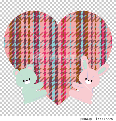 一隻兔子和一隻泰迪熊捧著一顆格子心形圖案的插圖 133557220