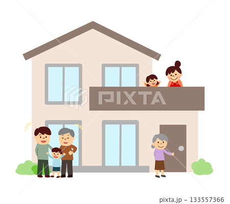 マイホームで暮らす三世代家族 133557366