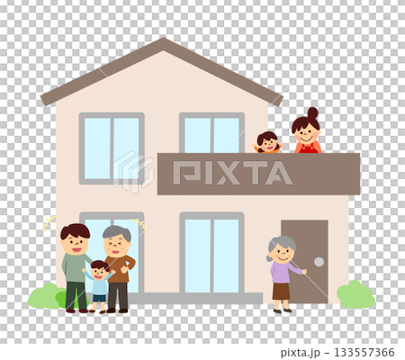 マイホームで暮らす三世代家族 133557366