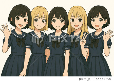 5人組女性アイドルの集合イラスト｜黒髪・金髪・女子・アニメ風キャラクター（背景白） 133557890