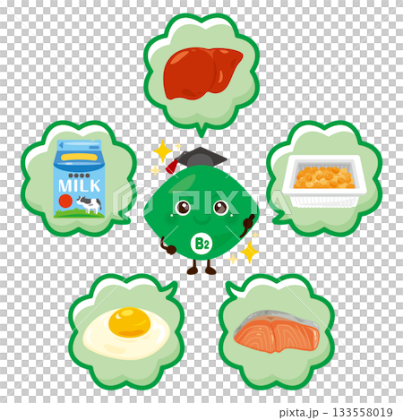 ビタミンB2を多く含む食品とビタミンB2のキャラクターイラストセット 133558019