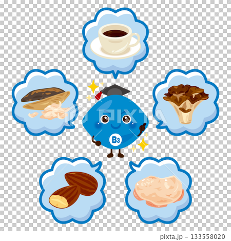 ビタミンB3を多く含む食品とビタミンB3のキャラクターイラストセット 133558020