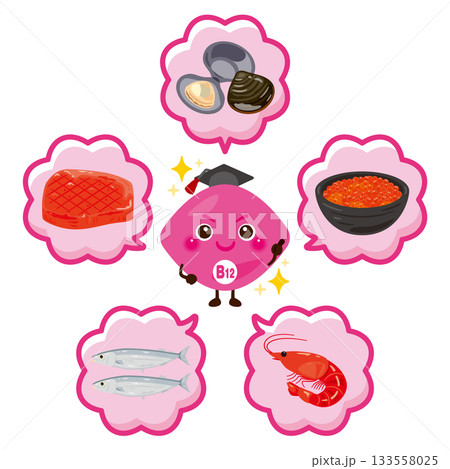 ビタミンB12を多く含む食品とビタミン12のキャラクターイラストセット ビタミンB12を多く含む食品とビタミン12のキャラクターイラストセット 133558025