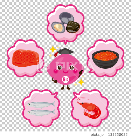 Foods rich in vitamin B12 and vitamin B12 character illustration set Foods rich in vitamin B12 and vitamin B12 character illustration set 133558025