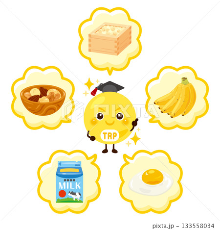 トリプトファンを多く含む食品とトリプトファンのキャラクターイラストセット 133558034
