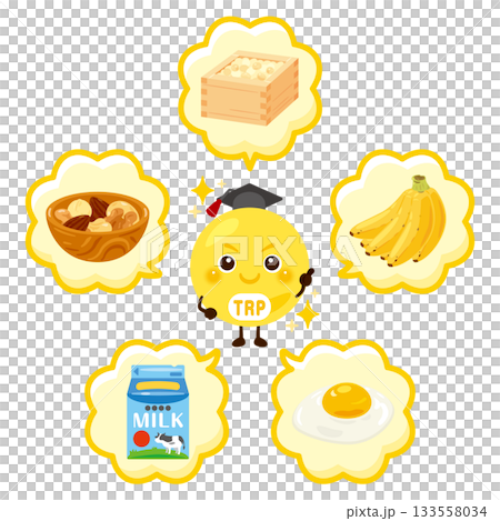 トリプトファンを多く含む食品とトリプトファンのキャラクターイラストセット 133558034