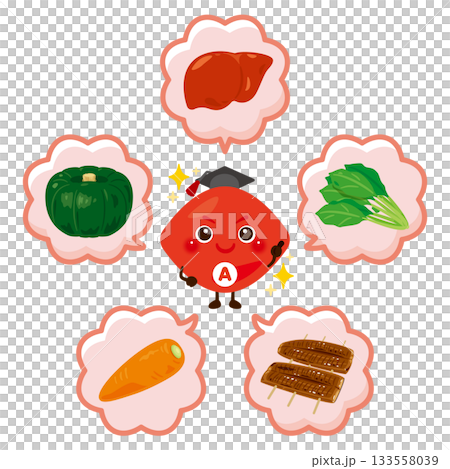 ビタミンAを多く含む食品とビタミンAのキャラクターイラストセット 133558039