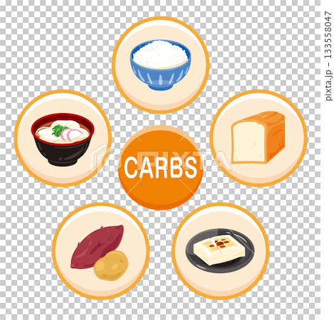 Illustration set of various foods high in carbohydrates (English) Illustration set of various foods high in carbohydrates (English) 133558047