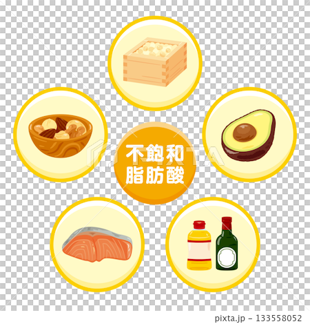様々な不飽和脂肪酸を多く含む食品のイラストセット 133558052