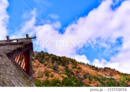 茅葺き屋根と錦の山 茅葺き屋根と錦の山 133558058