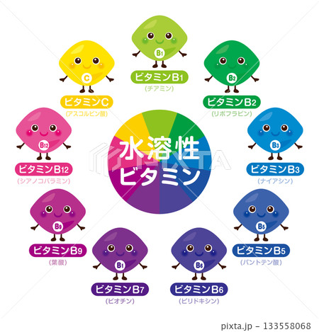 水溶性ビタミン類のキャラクターイラストセット　日本語 133558068