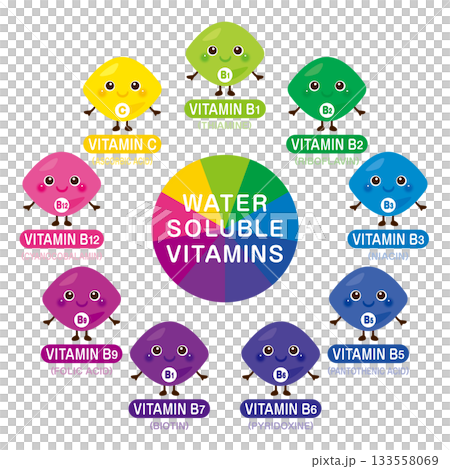 水溶性ビタミン類のキャラクターイラストセット　英語 133558069