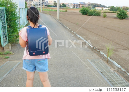 青いランドセルを背負った子どもが田畑の広がる農道を歩く後ろ姿。 青いランドセルを背負った子どもが田畑の広がる農道を歩く後ろ姿。 133558127