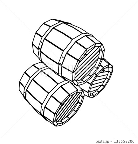 Outline for Coloring of Wooden Old Vintage Barrel with Metal Bands. Vector Illustration. 133558206
