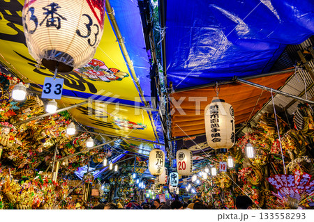 新宿　花園神社大酉祭　酉の市　酉の日の縁起熊手　熊手市の風景 133558293