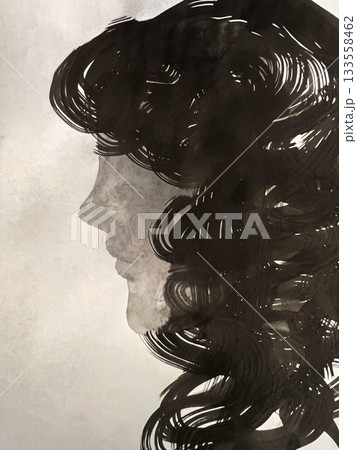 墨で描いた人の横顔シルエット、水墨手描きの人物画、モノクロのバナーサイズのイラスト、水墨画のイラスト 墨で描いた人の横顔シルエット、水墨手描きの人物画、モノクロのバナーサイズのイラスト、水墨画のイラスト 133558462