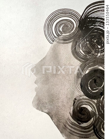 墨で描いた人の横顔シルエット、水墨手描きの人物画、モノクロのバナーサイズのイラスト、水墨画のイラスト 133558464