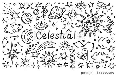 Celestial doodle illustration with stars moons and planets Celestial doodle illustration with stars moons and planets 133559569