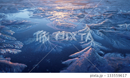 Frozen pond surface with intricate ice patterns, blue and purple hues, winter morning light Frozen pond surface with intricate ice patterns, blue and purple hues, winter morning light 133559617