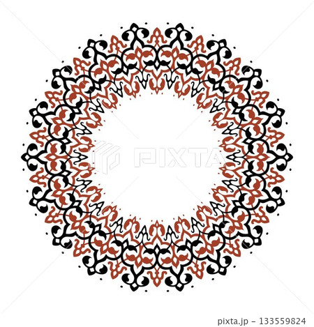 Circular mandala-like design with intricate repeating patterns in black and burnt orange. This ornate, stylized motif is perfect for adding a decorative and traditional touch to designs 133559824