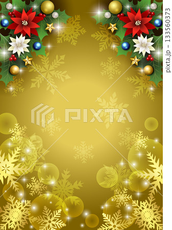 クリスマス背景、下雪の結晶、金、ポインセチア、上柊、かわいい、イラスト、縦 クリスマス背景、下雪の結晶、金、ポインセチア、上柊、かわいい、イラスト、縦 133560373