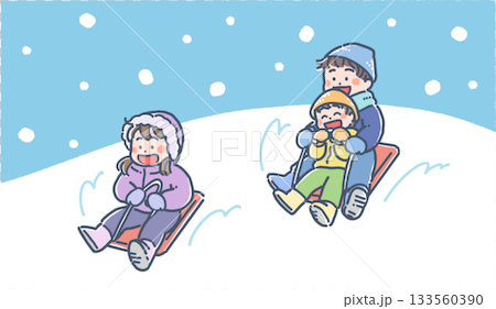 男孩和女孩在雪地裡滑雪橇的插圖 133560390