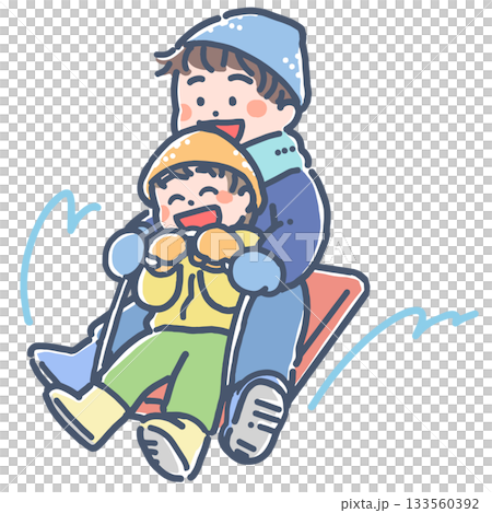 兩個孩子在冬天玩雪橇的插圖 兩個孩子在冬天玩雪橇的插圖 133560392