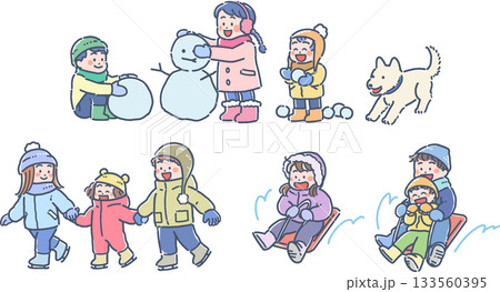 冬の遊びのイラストセット（雪だるま・スケート・ソリ） 133560395