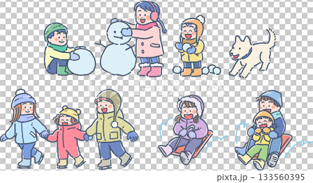 Winter play illustration set (snowman, skating, sledding) 133560395