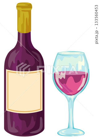 ワインボトルと注がれたワインのイラスト ベクター素材 133560453