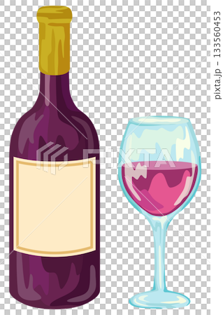 ワインボトルと注がれたワインのイラスト ベクター素材 133560453