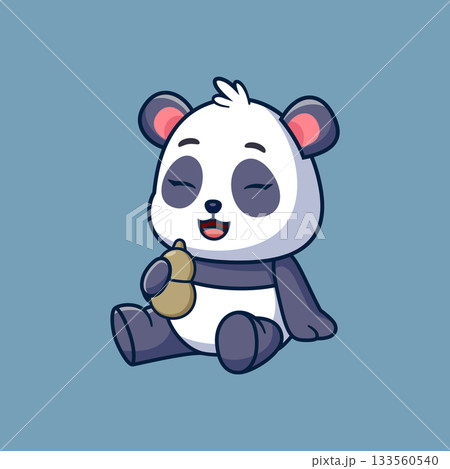 Cute panda sitting and drinking from a traditional bottle of illustration Cute panda sitting and drinking from a traditional bottle of illustration 133560540
