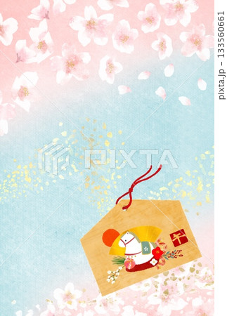 春らしい桜の背景と午年の絵馬が描かれたおめでたいイメージの和風背景イラスト　年賀状素材 133560661