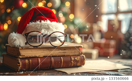 Santa Glasses on Old Books with Notes of Childrens Names 133560666