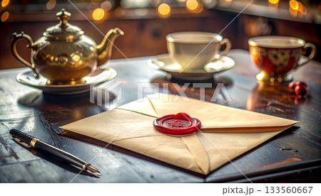 Vintage Envelope Sealed with Red Wax, Pen, and Vintage Tea Set on Desk Vintage Envelope Sealed with Red Wax, Pen, and Vintage Tea Set on Desk 133560667