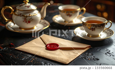Vintage Envelope Sealed with Red Wax, Pen, and Vintage Tea Set on Desk Vintage Envelope Sealed with Red Wax, Pen, and Vintage Tea Set on Desk 133560668