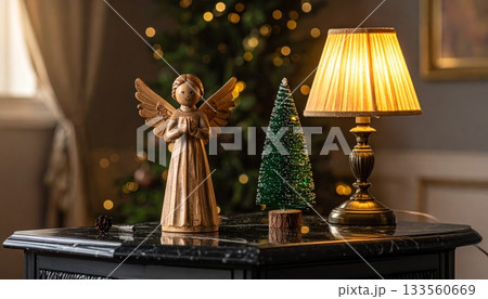 Black Marble Desk with Wooden Angel Figurine and Mini Christmas Tree, Vintage Table Lamp 133560669