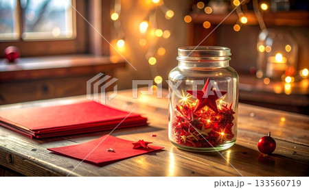 Vintage Desk with Small Glass Bottle of Glittering Stars and Red Note Paper Vintage Desk with Small Glass Bottle of Glittering Stars and Red Note Paper 133560719