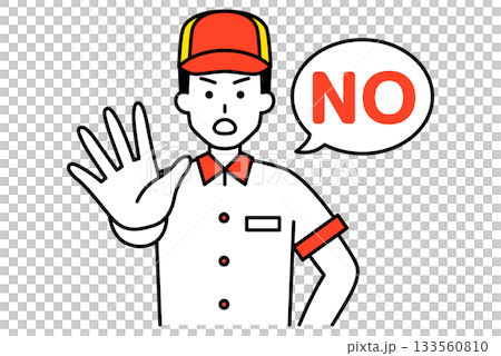 A male employee at a fast food restaurant refusing to accept something by saying "NO" A male employee at a fast food restaurant refusing to accept something by saying "NO" 133560810