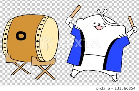 A dog wearing a haori coat and playing a drum 133560854