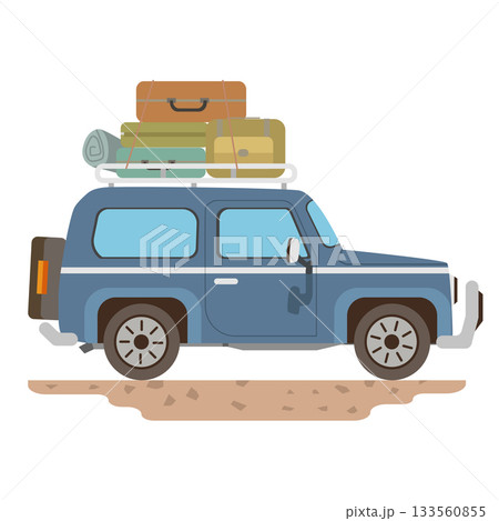 Object isolated on white background with shadow of camping car.  On rack with luggage. Car soft Gray-blue color cartoon.  133560855
