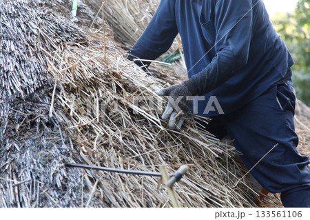 茅葺き屋根の修繕をする職人 茅葺き屋根の修繕をする職人 133561106