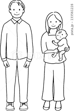 父と母と抱っこされている赤ちゃんのイラスト。線画 父と母と抱っこされている赤ちゃんのイラスト。線画 133561228