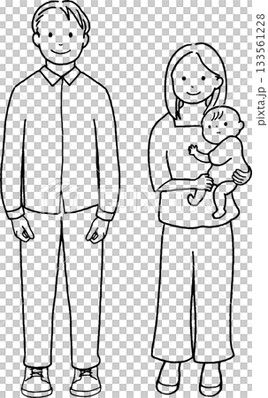 父と母と抱っこされている赤ちゃんのイラスト。線画 父と母と抱っこされている赤ちゃんのイラスト。線画 133561228