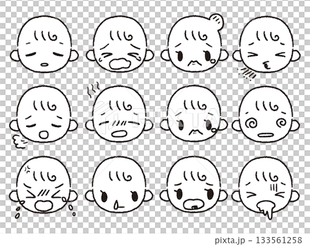 Hand-drawn baby facial expression set black and white 3 accidents 133561258