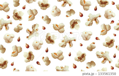 Seamless wallpaper of realistic popcorn and corn kernels. 133561350
